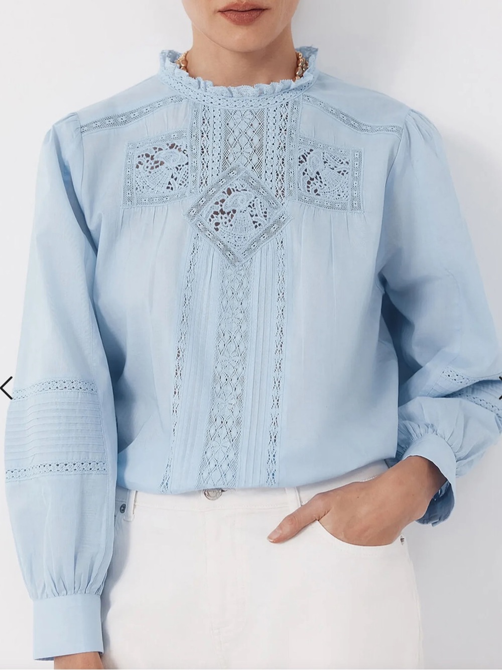 NWT EVEREVE Delicate Light Blue Lace-Panel Victorian Blouse